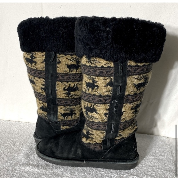 Bearpaw Black Tan Jacquard Deer Print Boots 8 - Picture 9 of 15